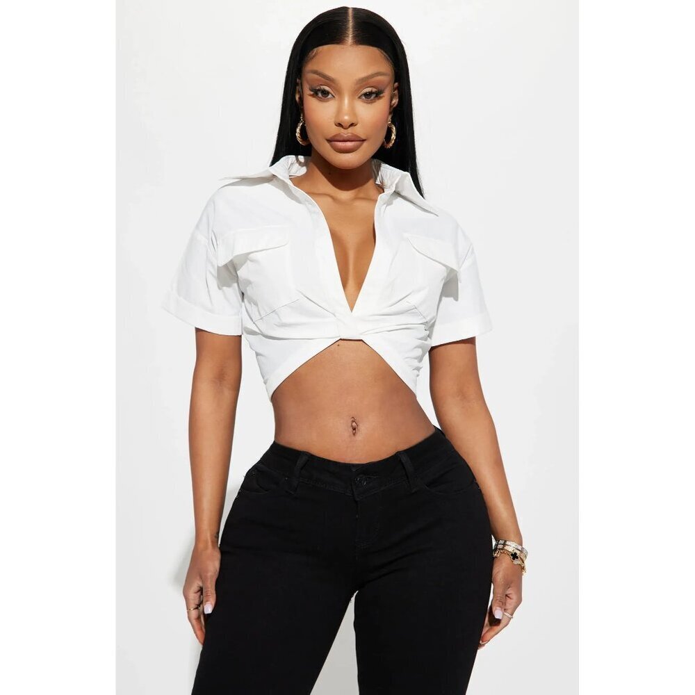 NWT Micas White Plunge V Collared Academia School Girl Cropped Top Women Size S